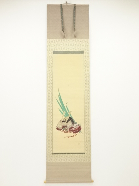 JAPANESE HANGING SCROLL / HAND PAINTED / KABUTO SAMURAI HELMET 